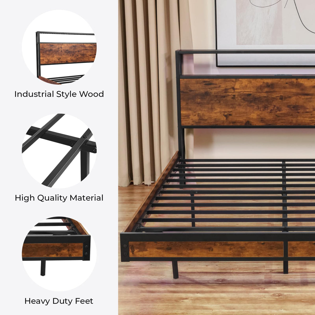 Queen Size Metal Platform Bed Frame with Storage Headboard Q578