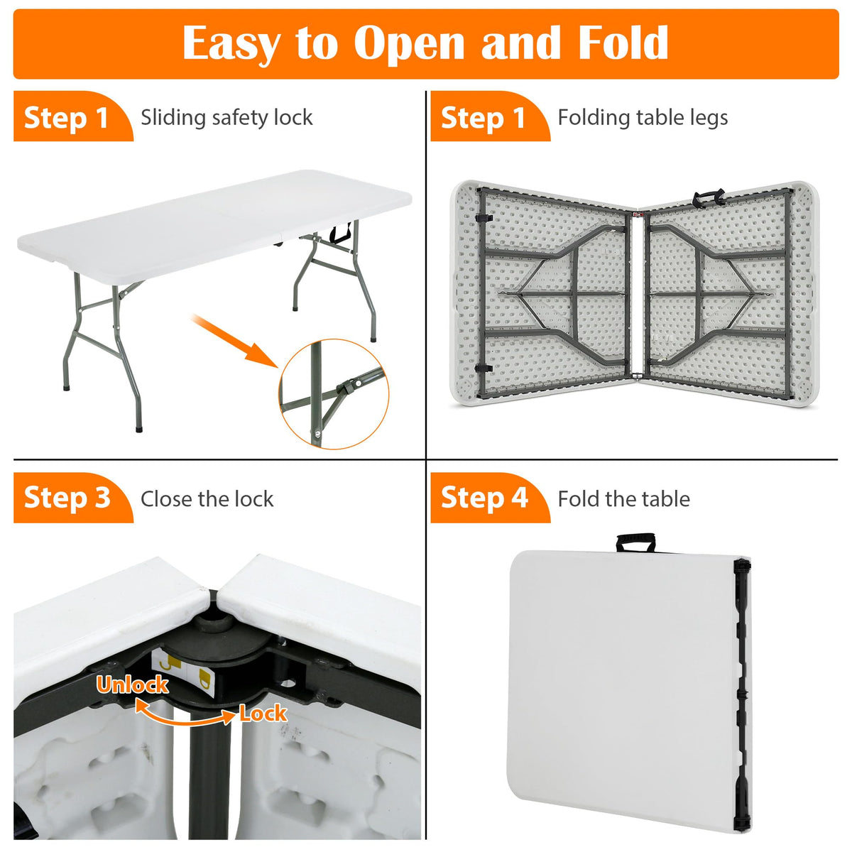 Portable Folding Table 6 FT Long with Handle White N9349