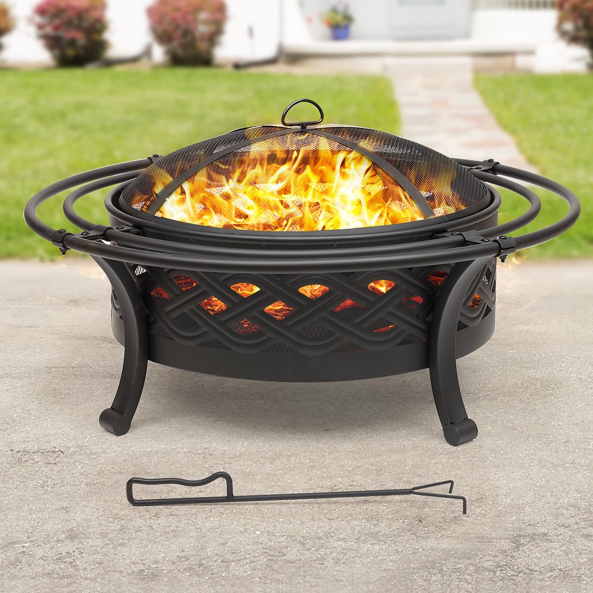 36 Inch Outdoor Fire Pit with Spark Screen Black O2054