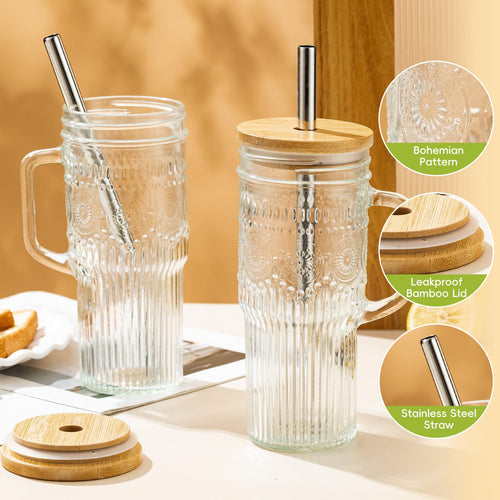 24 oz Glass Tumbler with Bamboo Lid and Handle T907362