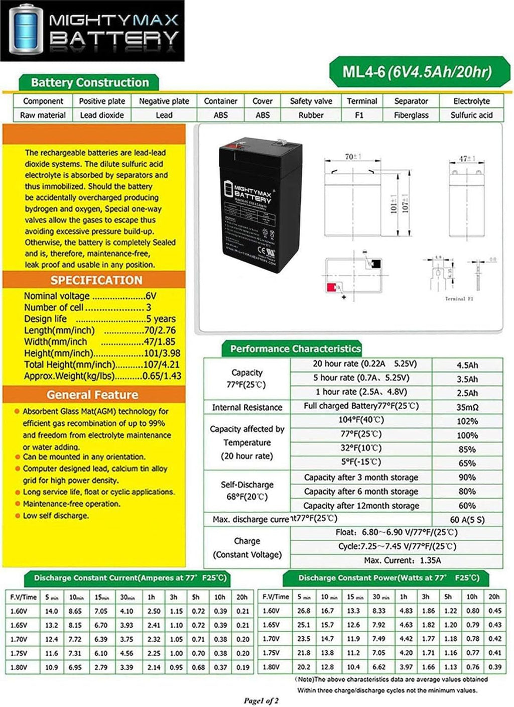 6V 4.5AH Replacement Battery 4 Pack T405670