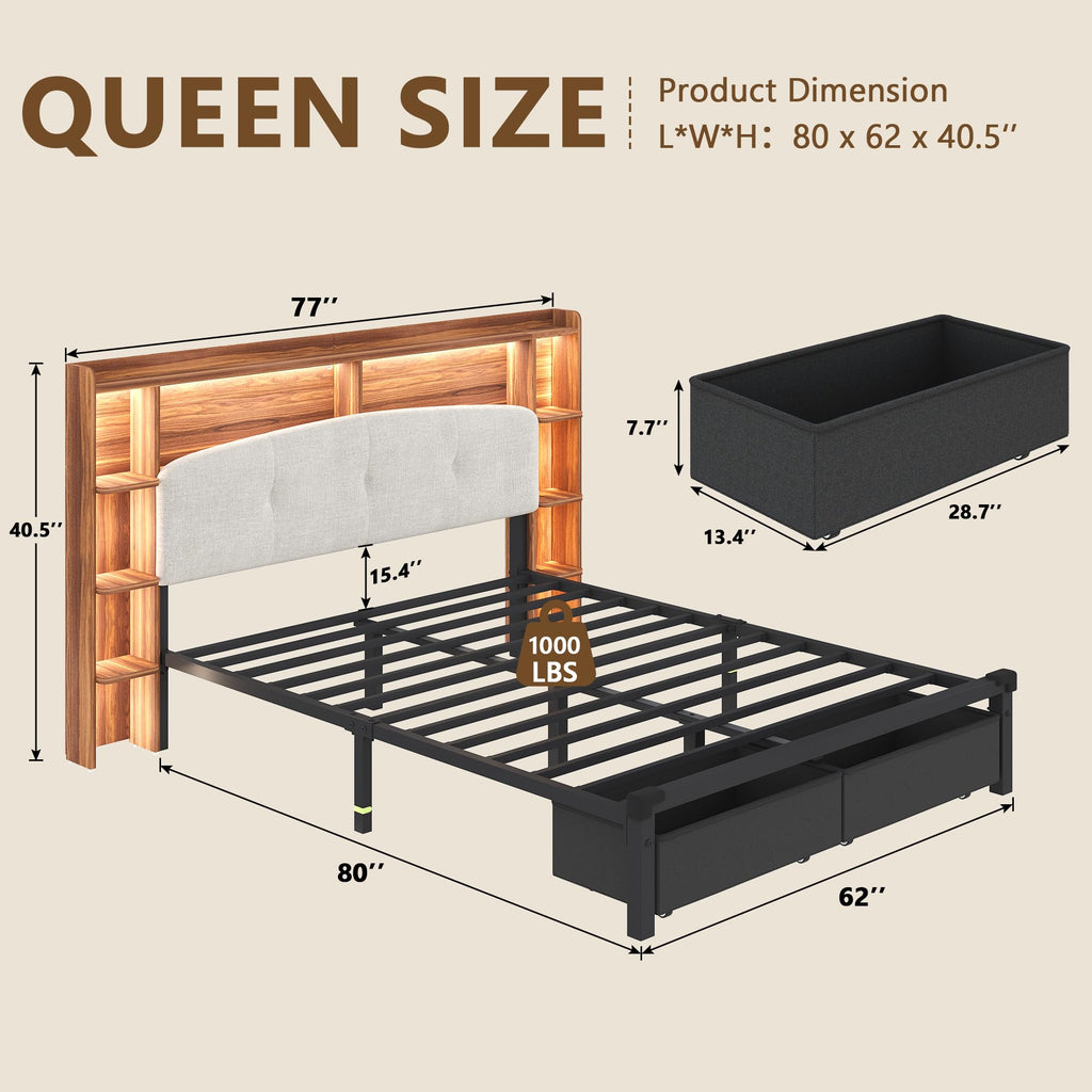 Queen Size Storage Bed Frame with Upholstered Headboard D27768