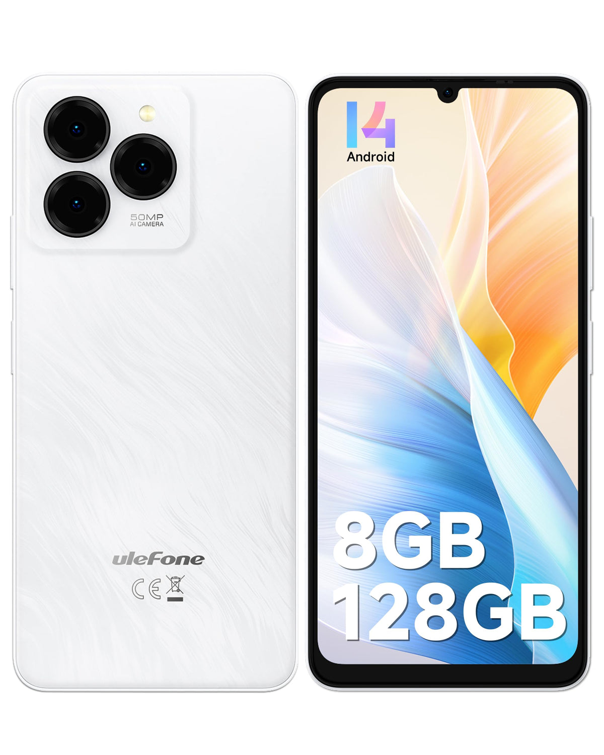 Unlocked Smartphone 8GB+128GB 6.75" 90Hz Android 14 50MP Camera 6000mAh White A790
