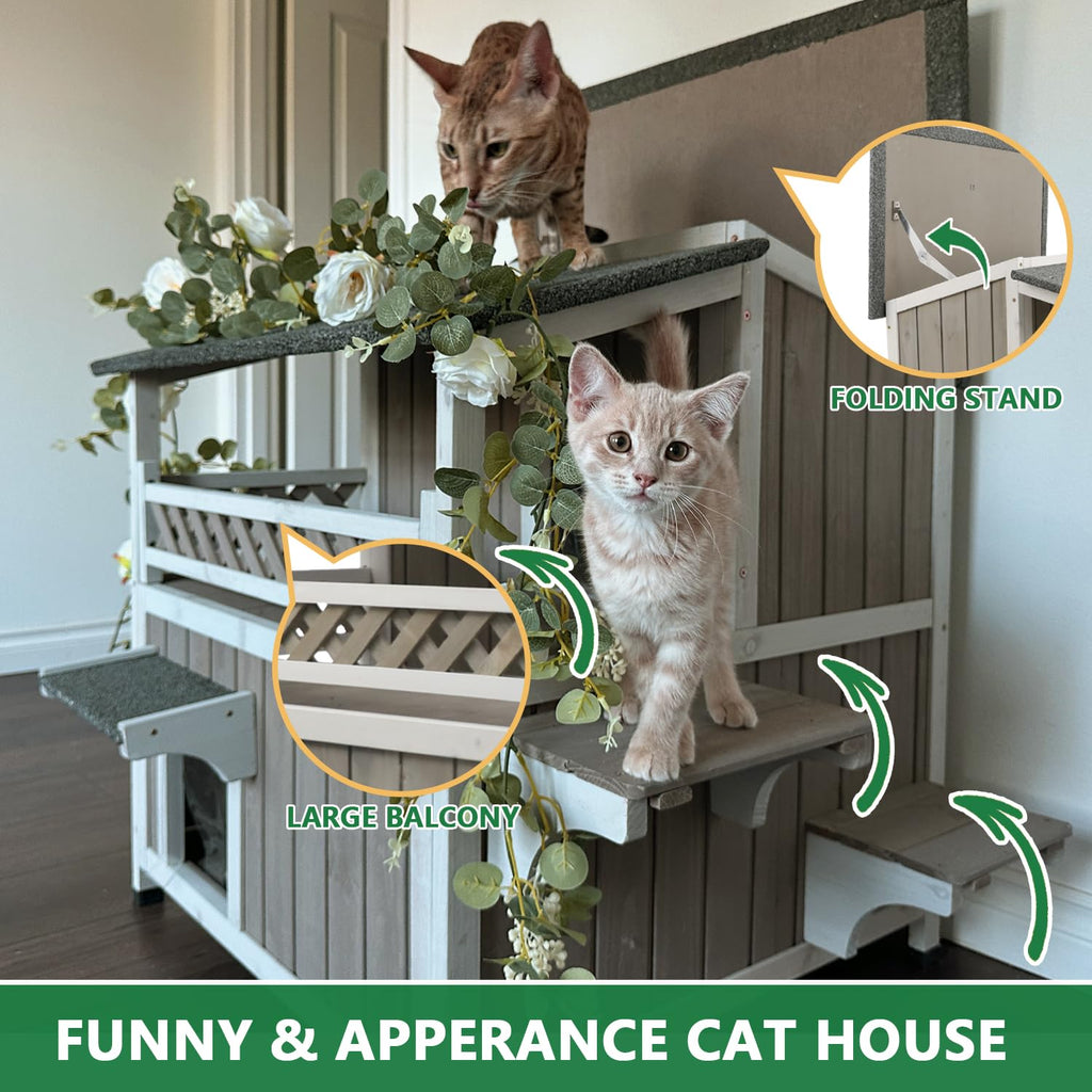Weatherproof 2-Story Outdoor Cat House with Balcony T661641