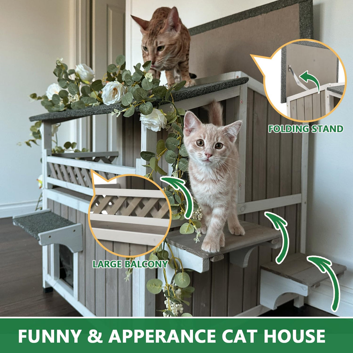 Weatherproof 2-Story Outdoor Cat House with Balcony T661641