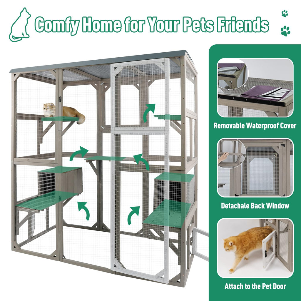 Large Wooden Outdoor Cat Catio Enclosure with 2 Doors, 2 Resting Rooms, 5 Platforms A33223