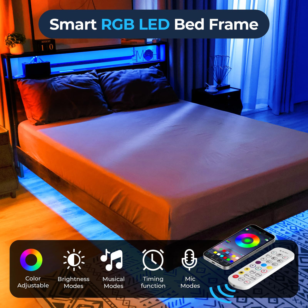 Queen Size Metal Platform Bed Frame with Storage Headboard Q578