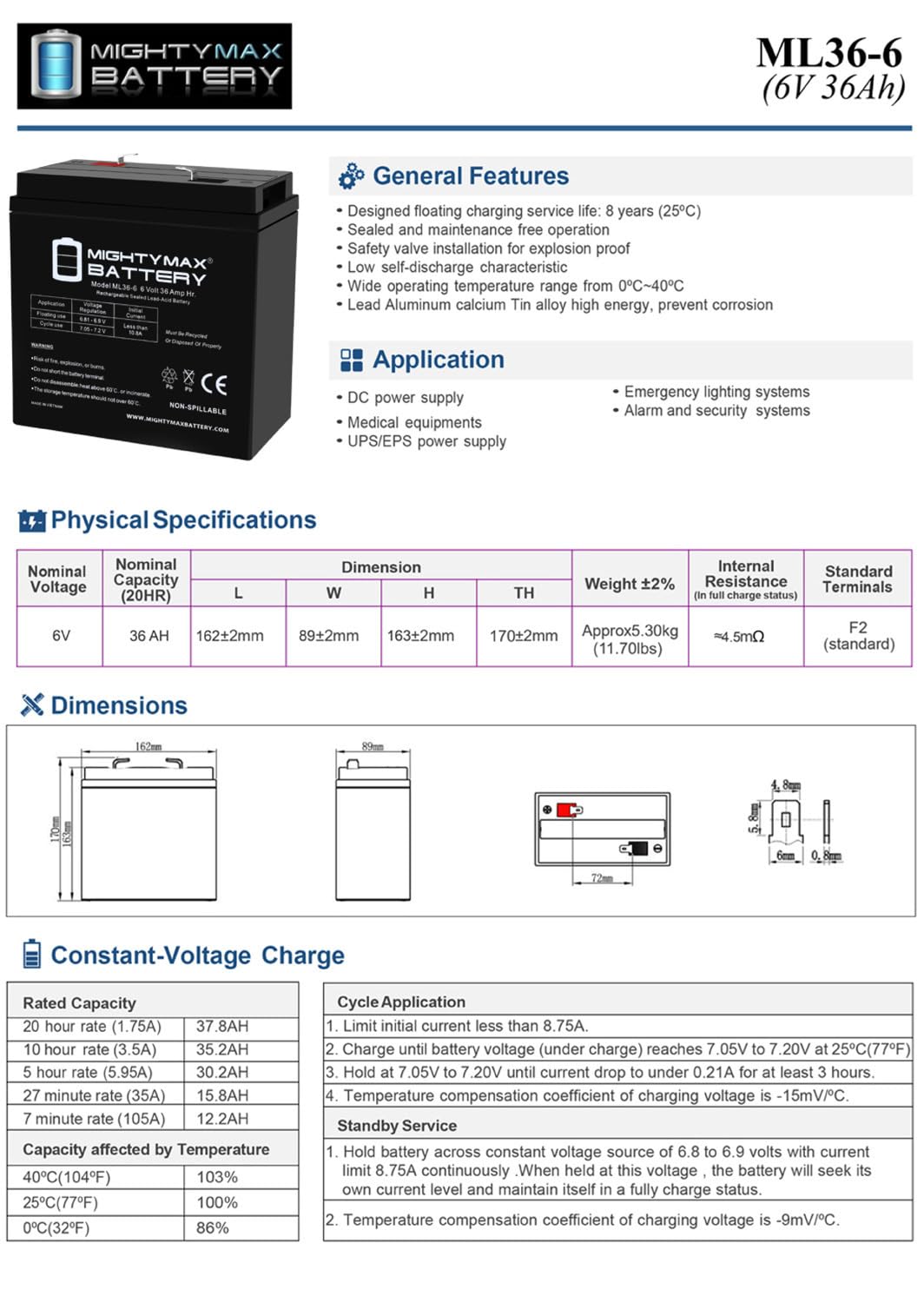 6V 36Ah AGM F2 Terminal Battery E7911