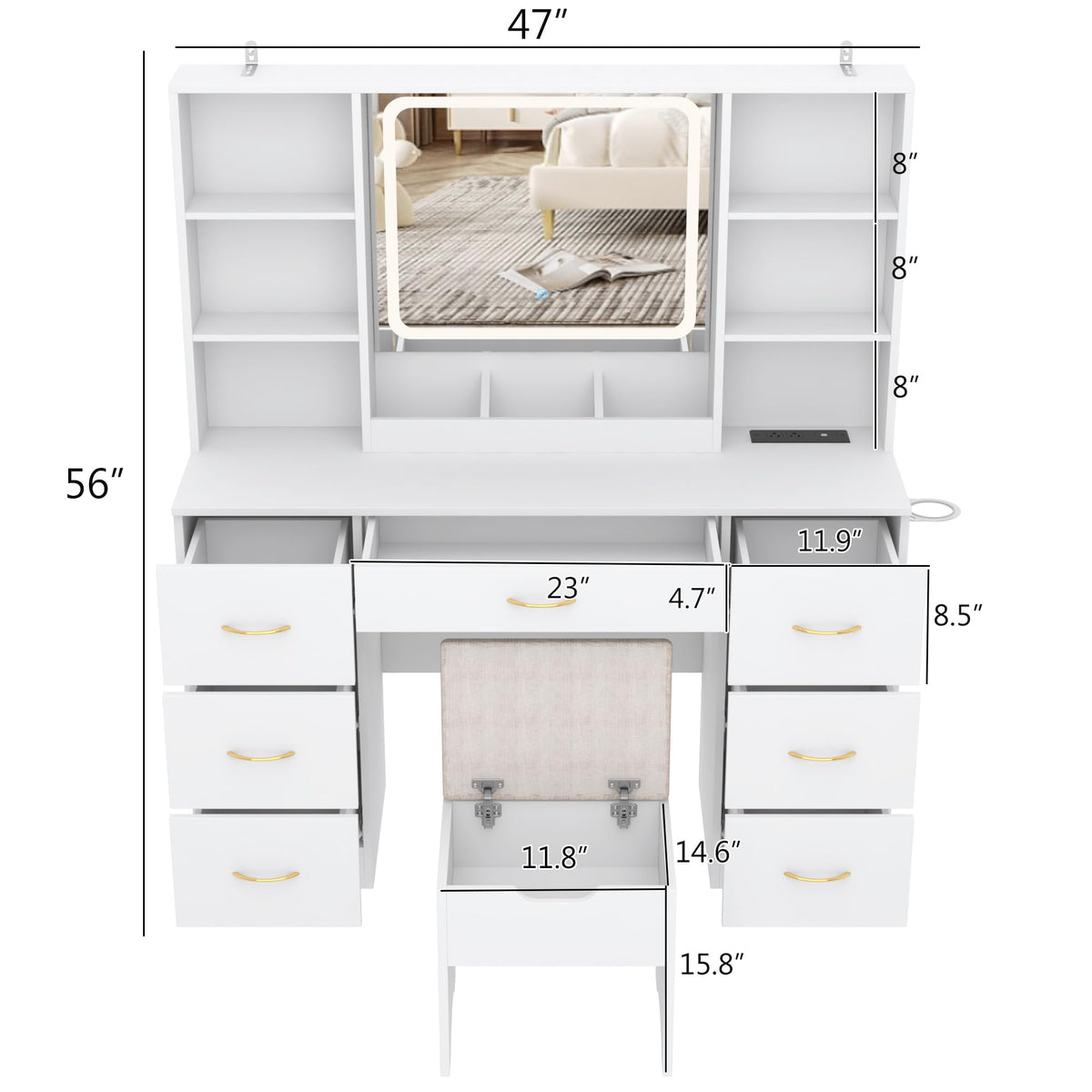 White 47" Makeup Vanity Desk with LED Mirror, Stool & 7 Drawers B62934