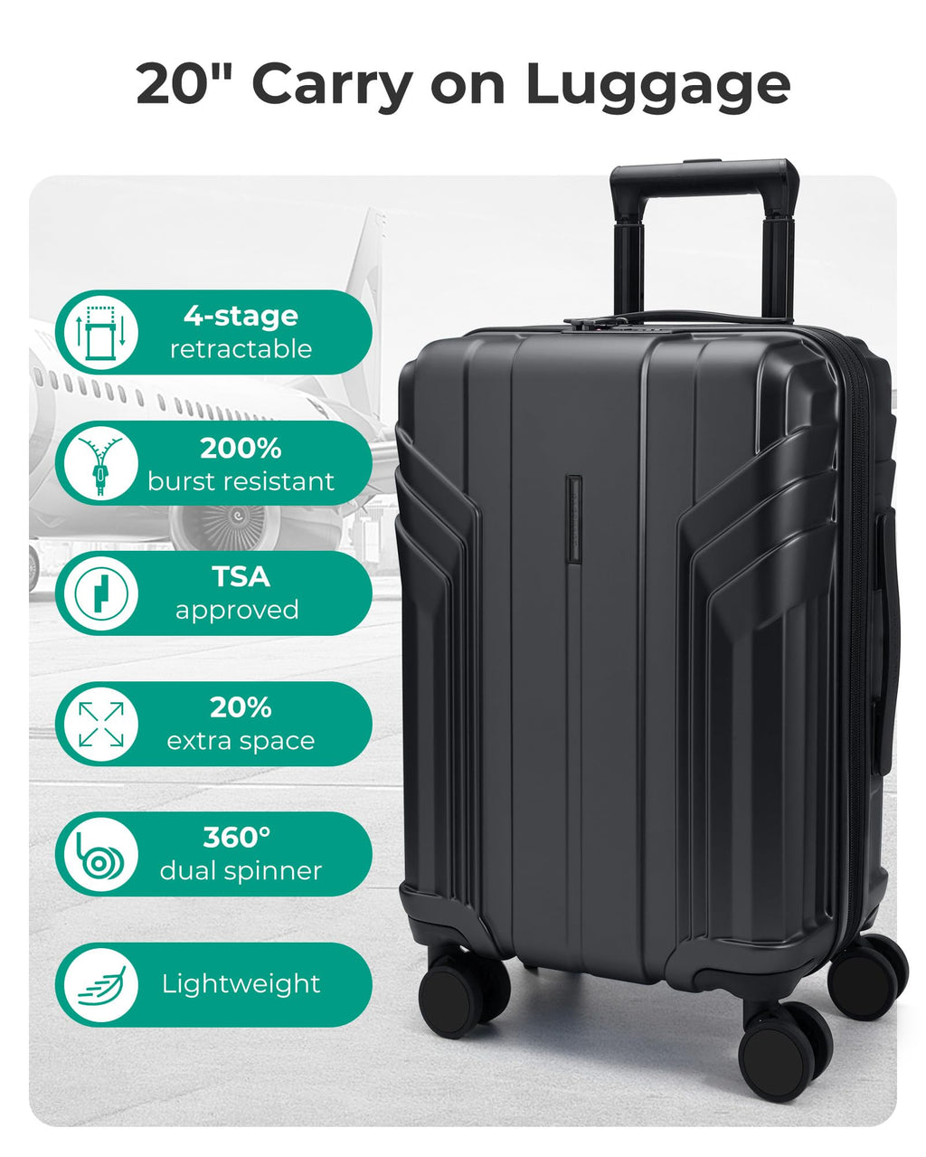 Expandable Carry On Luggage 22x14x9 Black H9970
