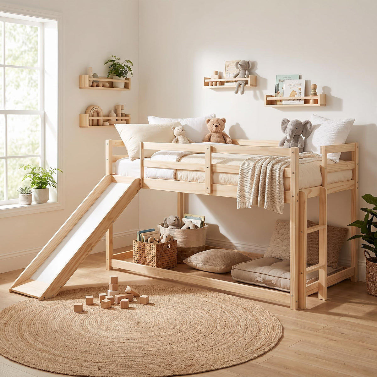 Twin Over Twin Solid Wood Bunk Bed with Slide and Ladder K2250