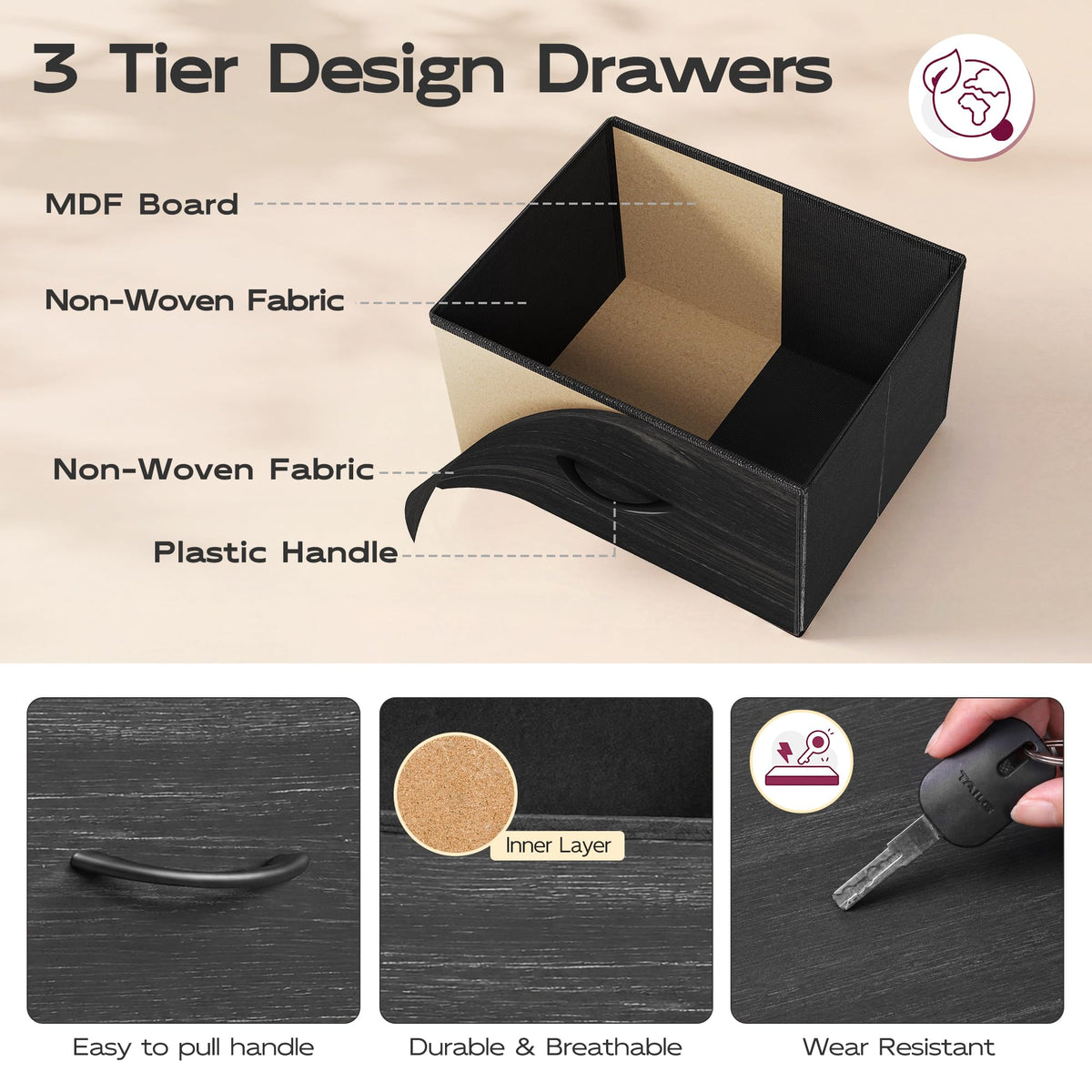 Black 3 Drawer Wood Dresser H70496