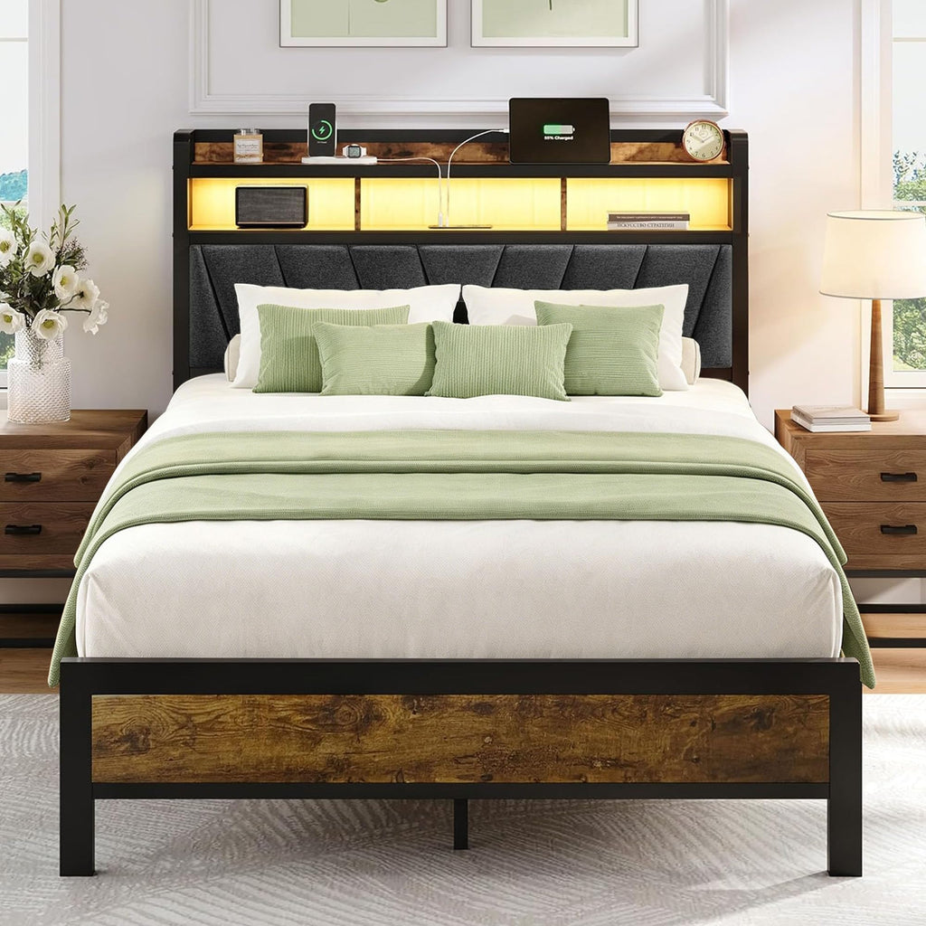 Full Bed Frame with LED Lights and Charging Station M554