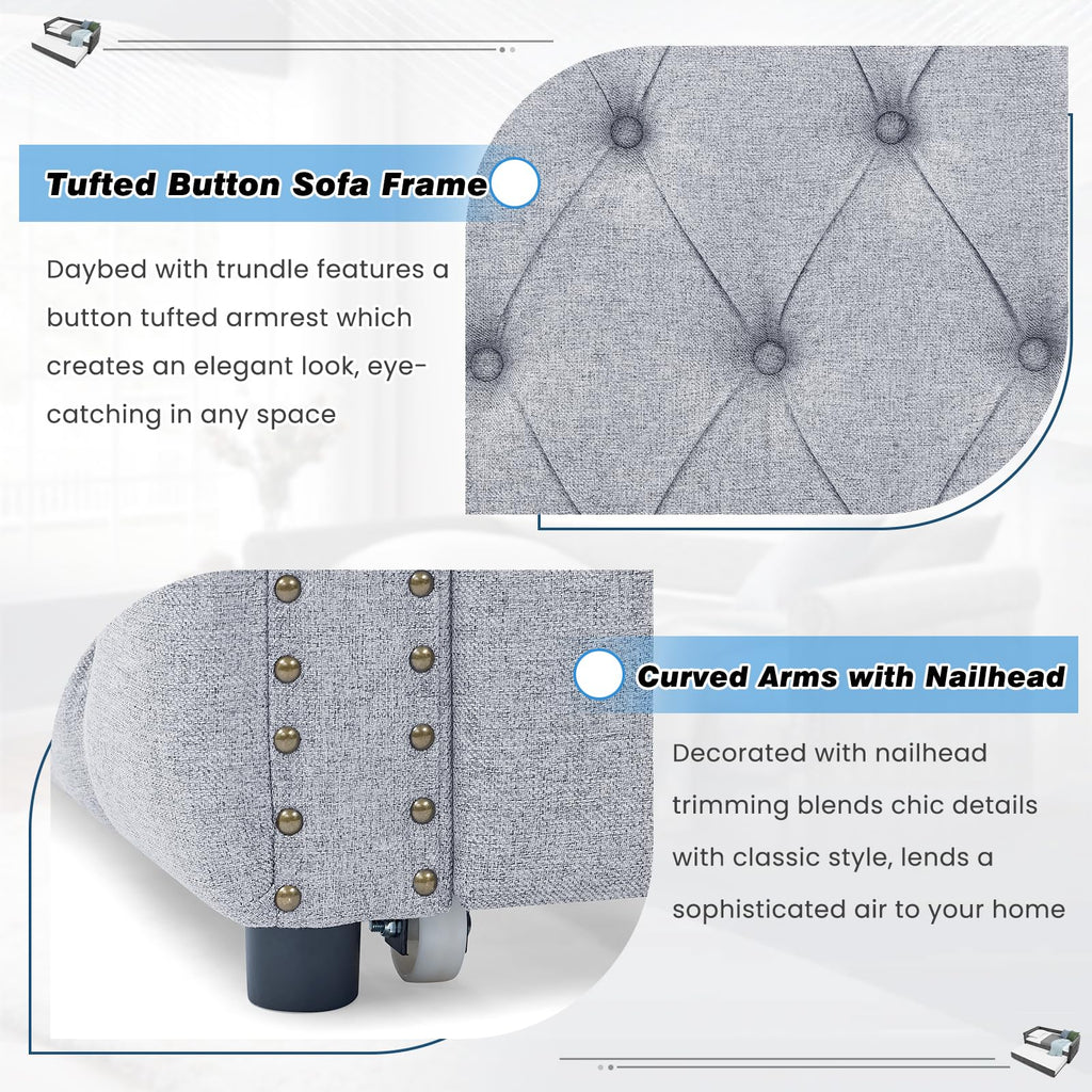 Linen Upholstered Twin Size Daybed with Trundle I321