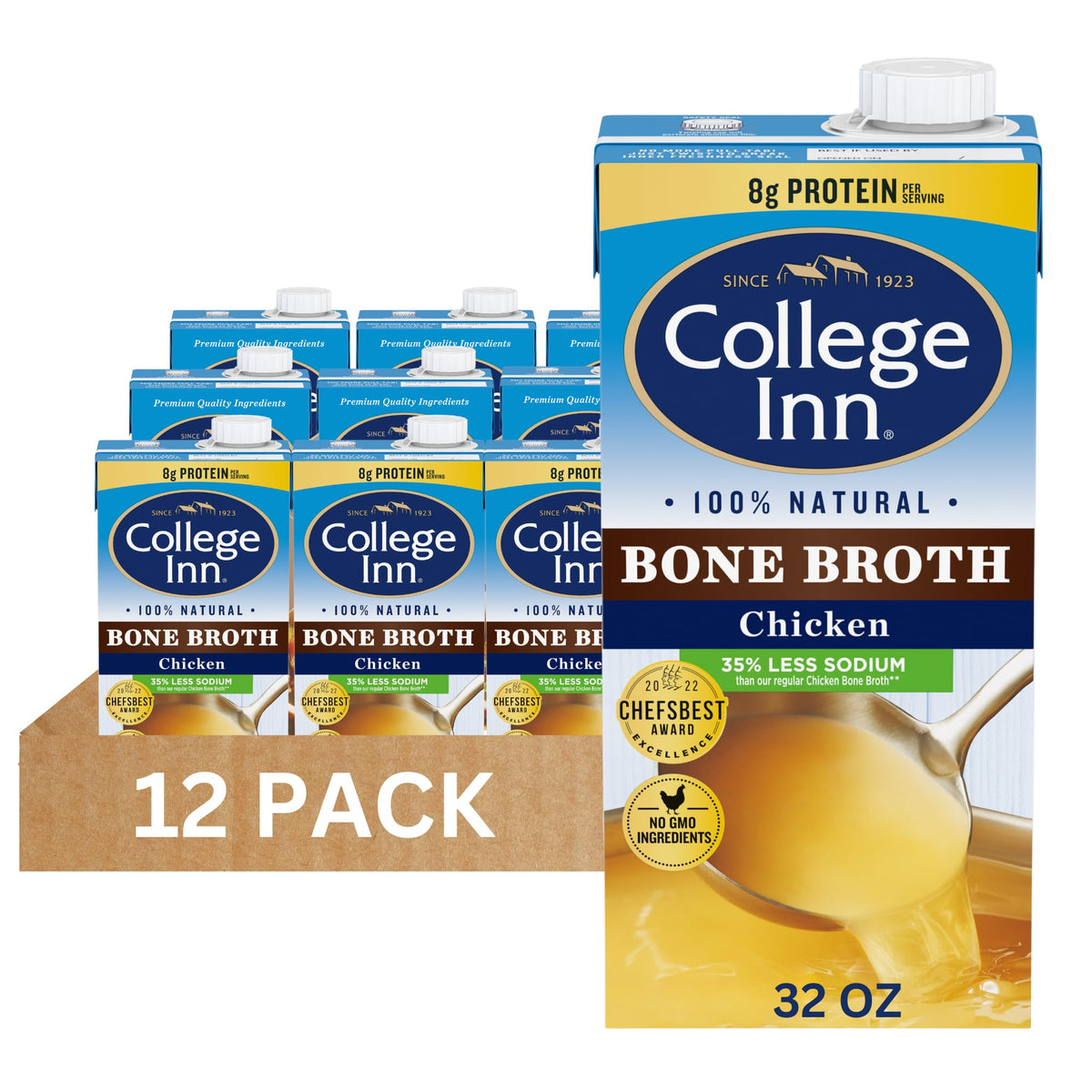 100% Natural Reduced Sodium Chicken Bone Broth 32 Oz (Pack of 12) J4305