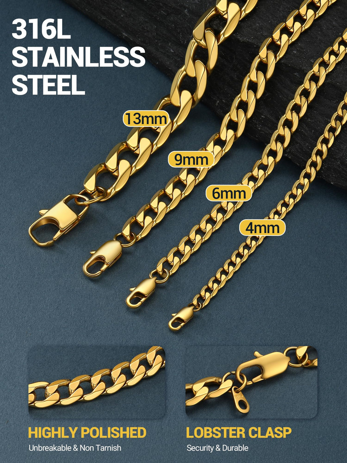 316L Stainless Steel Cuban Link Chain Necklaces K4099