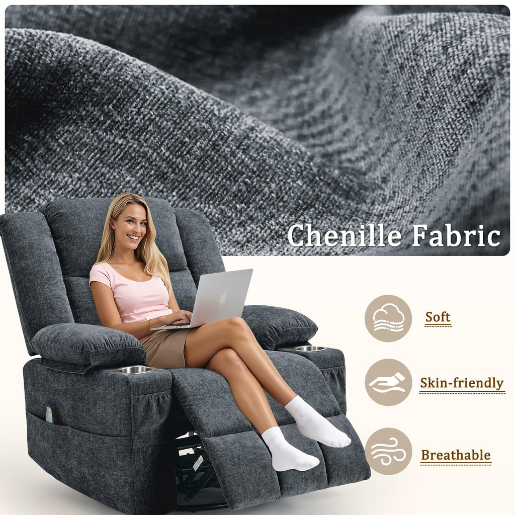 Fabric Dark Gray Swivel Rocker Recliner with Cup Holder S9155