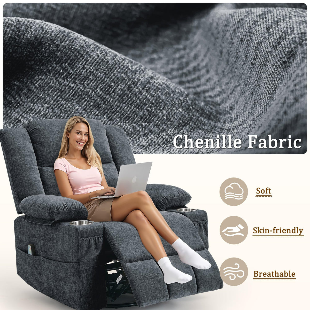 Fabric Dark Gray Swivel Rocker Recliner with Cup Holder S9155
