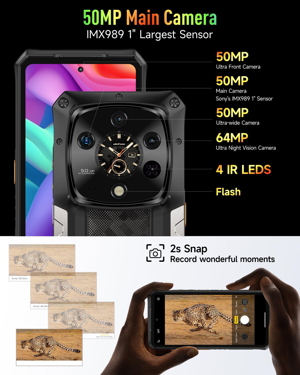 5G AI Rugged Phone, 32GB+1TB/2TB Expansion, 6.67" Dual Screen, 64MP+50MP+50MP Camera, 120W, IP68/IP69K, Android 15 X2641