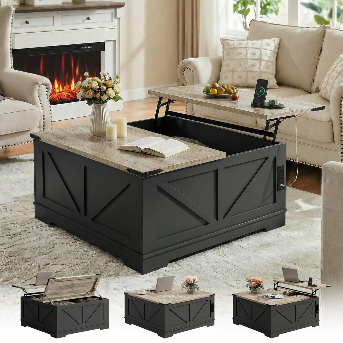 Black Lift Top Wood Coffee Table with Storage L98183