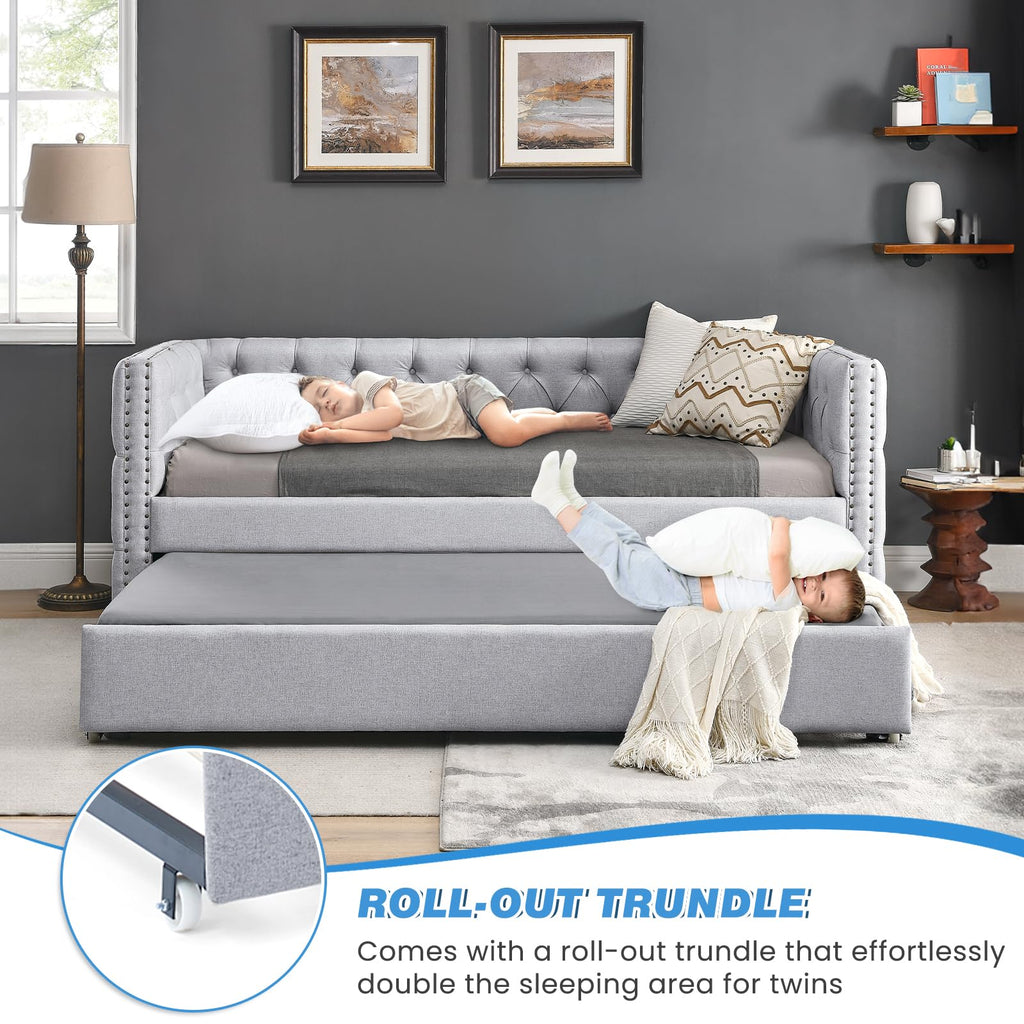 Linen Upholstered Twin Size Daybed with Trundle I321