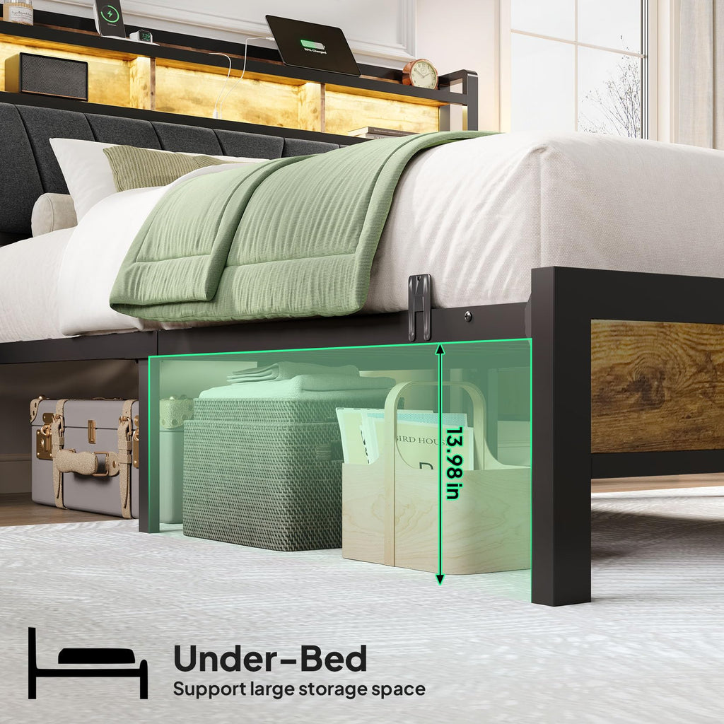 Full Bed Frame with LED Lights and Charging Station M554