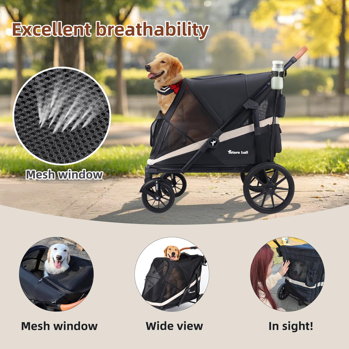 Black Large 4 Wheel Dog Stroller with Storage Pocket G390