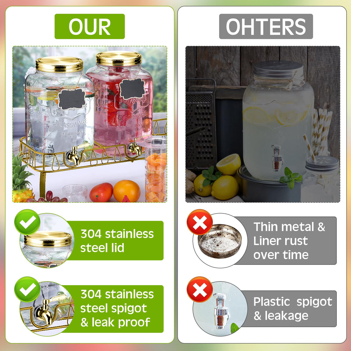 3 Pcs 2.5 Gallon Glass Beverage Dispensers with Stand A938