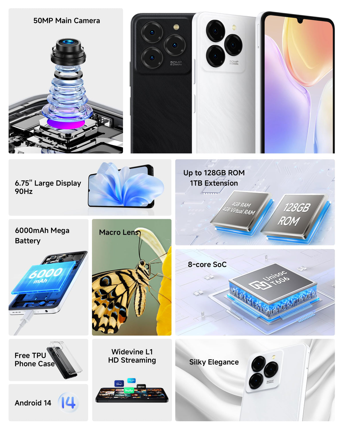 Unlocked Smartphone 8GB+128GB 6.75" 90Hz Android 14 50MP Camera 6000mAh White A790