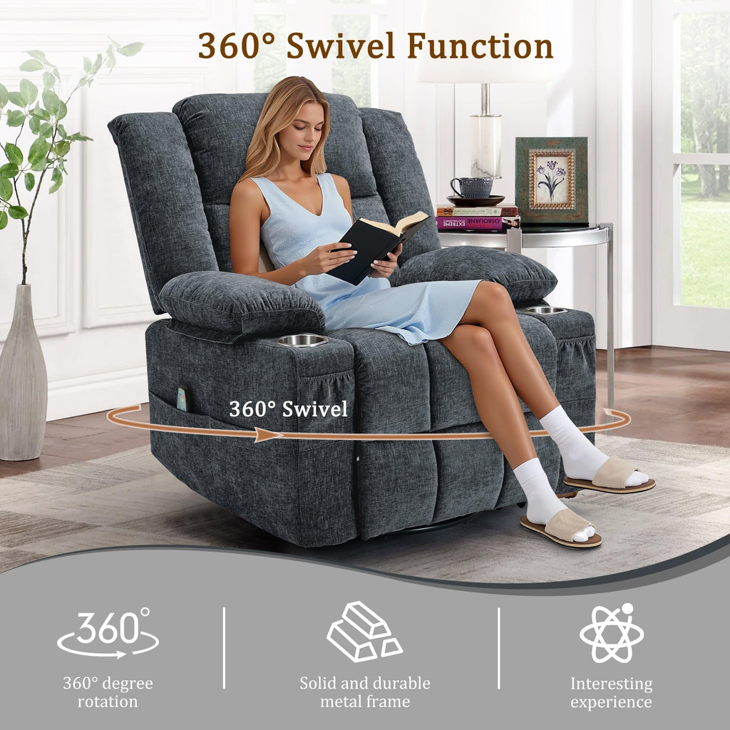Fabric Dark Gray Swivel Rocker Recliner with Cup Holder S9155