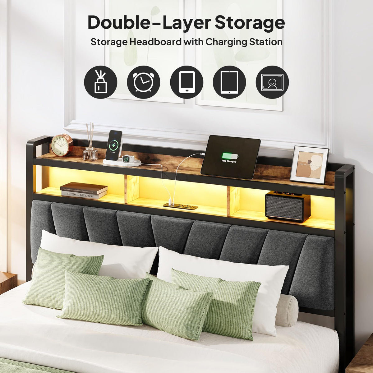 Full Bed Frame with LED Lights and Charging Station M554