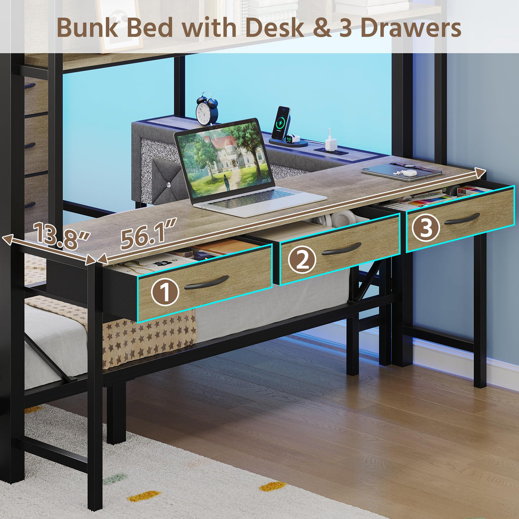 Oak Gray Full Over Twin Bunk Bed with Desk and Drawers W3367