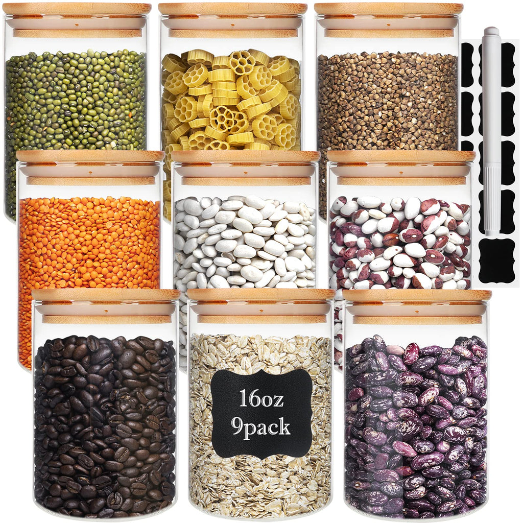 9 Pack 16 oz Glass Jars with Airtight Bamboo Lids B156147