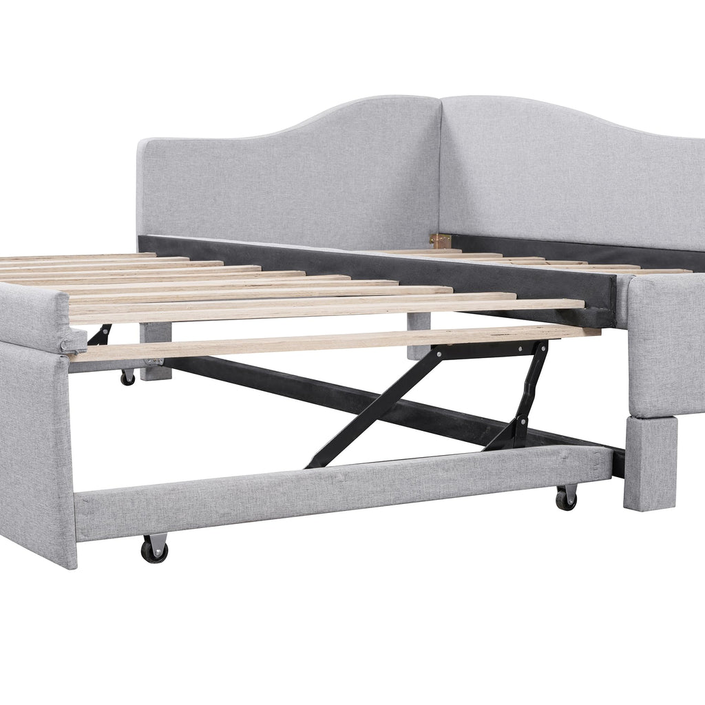 Twin Size Linen Extendable Upholstered Daybed with Pop Up Trundle M6968