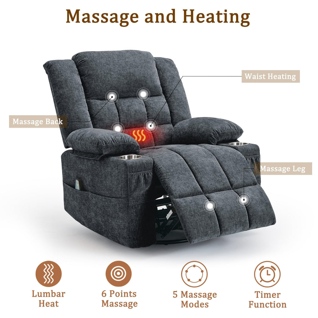 Fabric Dark Gray Swivel Rocker Recliner with Cup Holder S9155