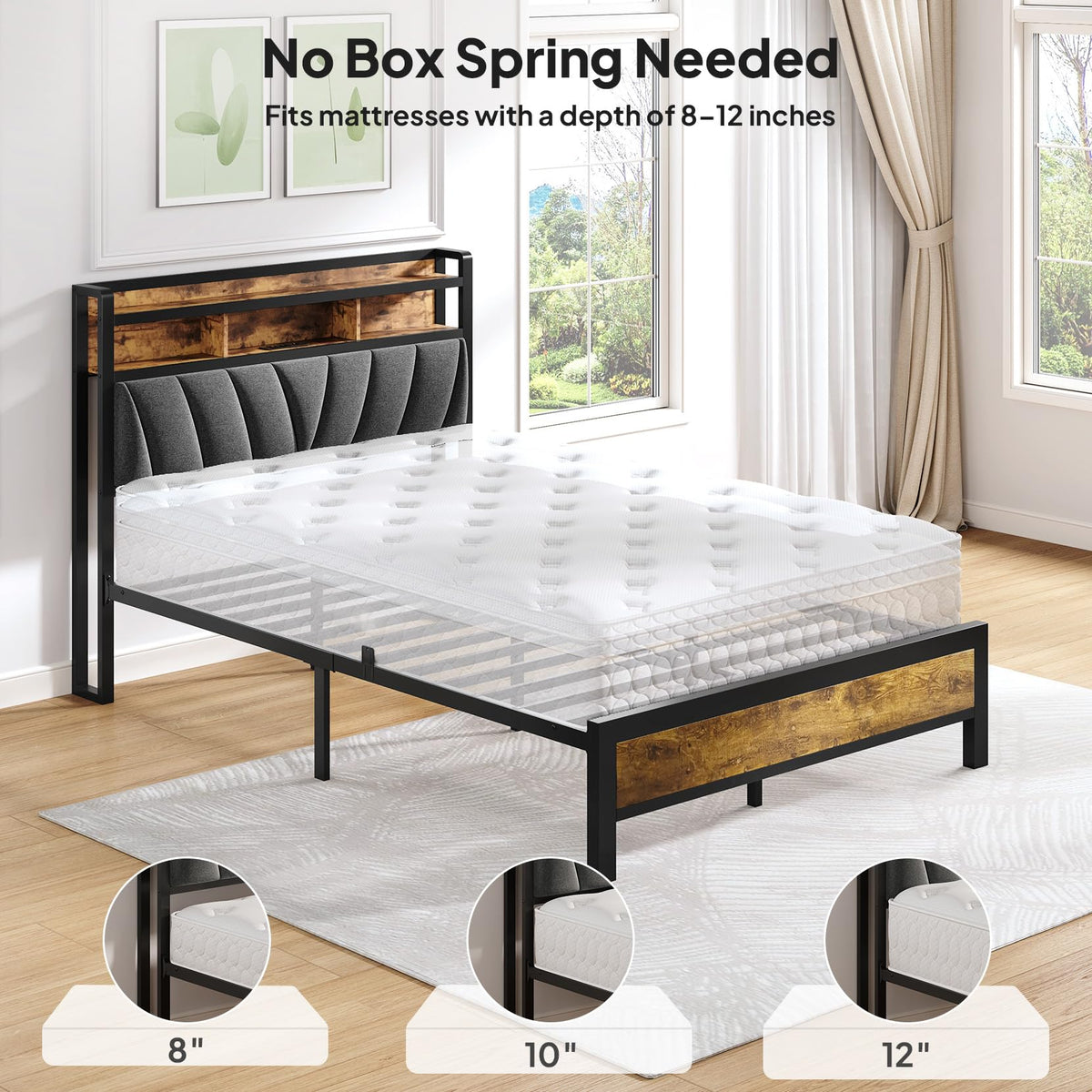 Full Bed Frame with LED Lights and Charging Station M554