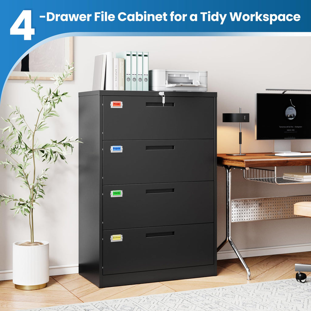 4 Drawer File Cabinet with Lock, Black O7055