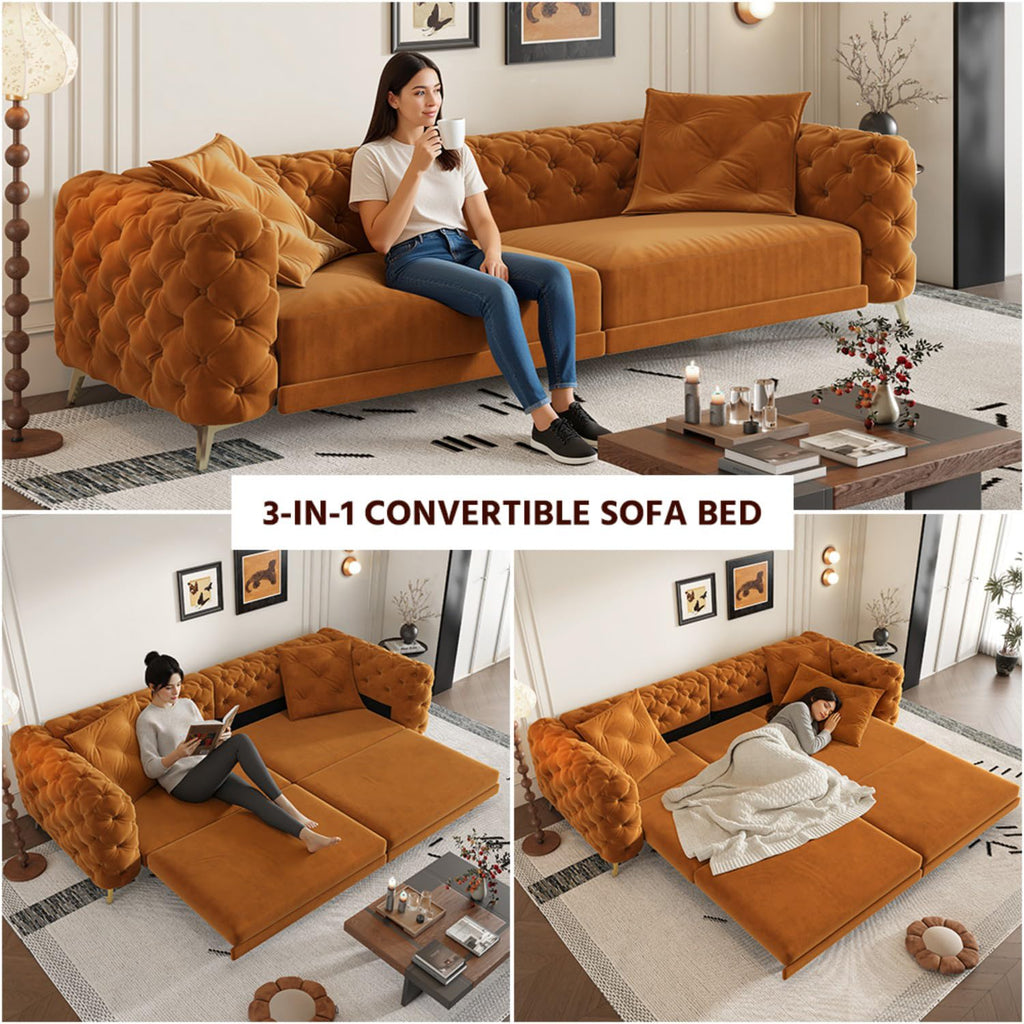 Orange Convertible Pull Out Sofa Bed Velvet Sleeper Sofa H6054