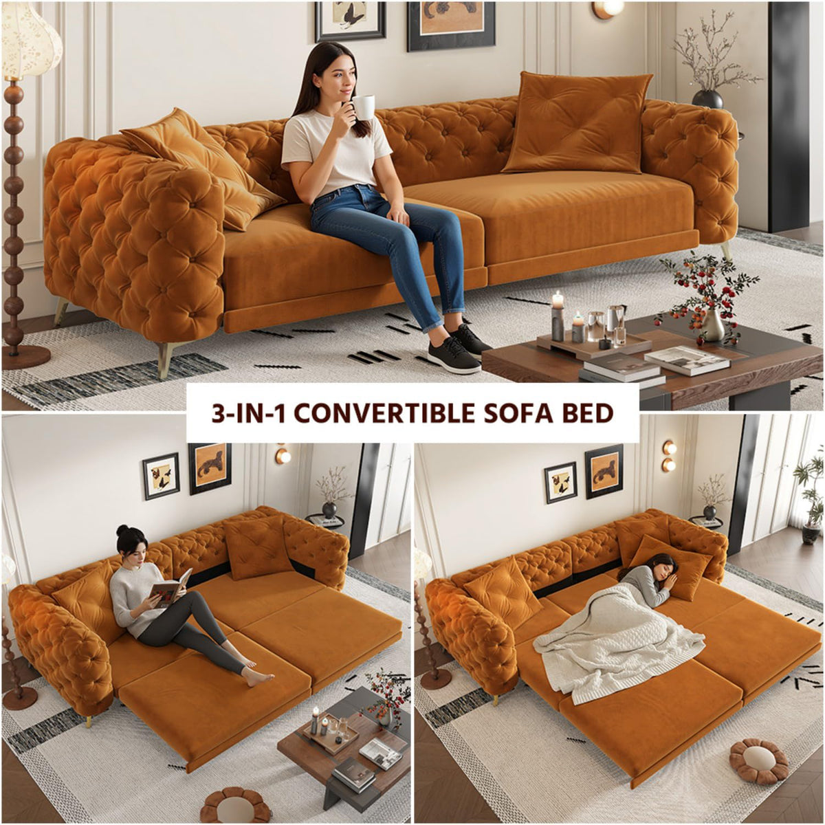 Orange Convertible Pull Out Sofa Bed Velvet Sleeper Sofa H6054