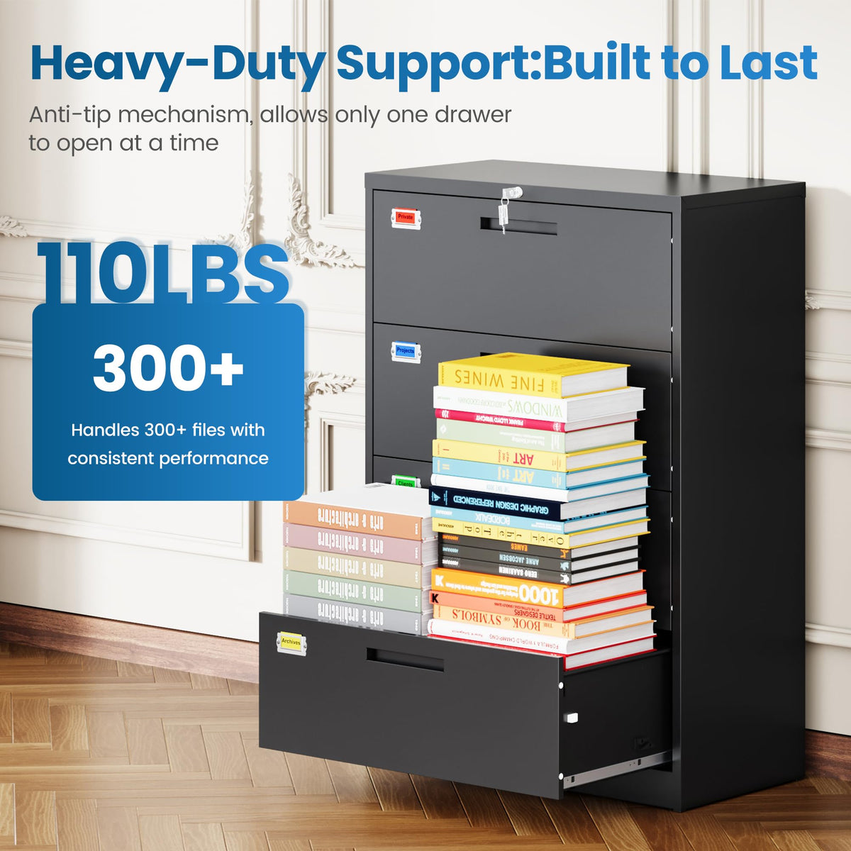 4 Drawer File Cabinet with Lock, Black O7055