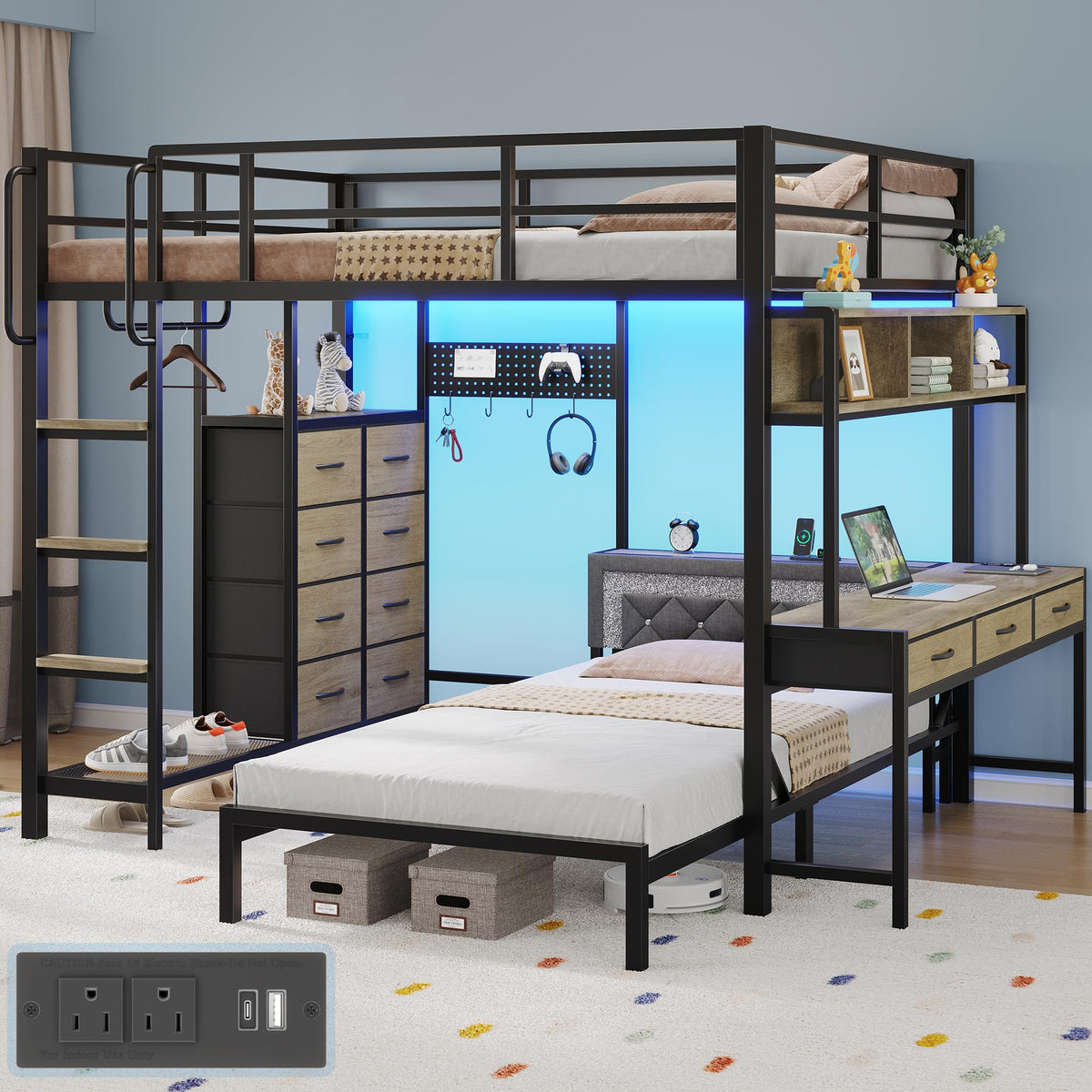 Oak Gray Full Over Twin Bunk Bed with Desk and Drawers W3367