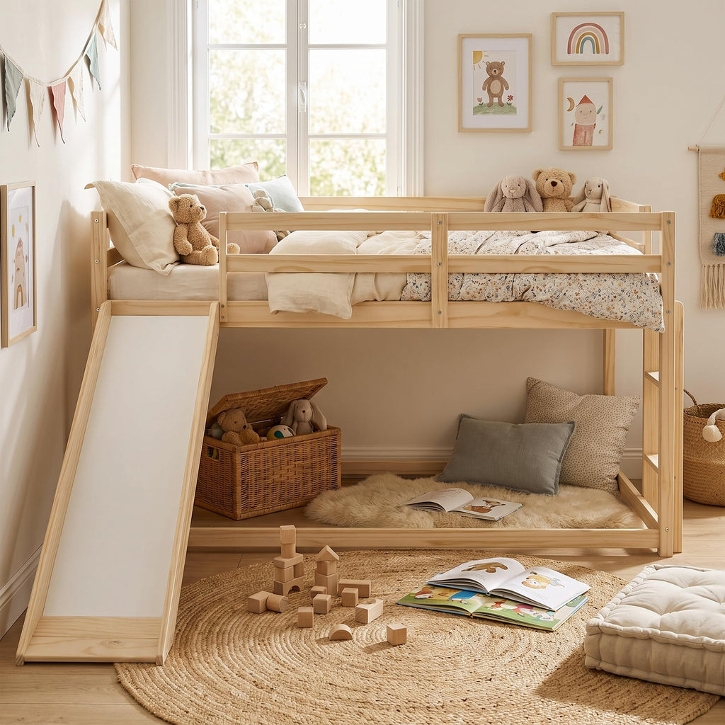 Twin Over Twin Solid Wood Bunk Bed with Slide and Ladder K2250