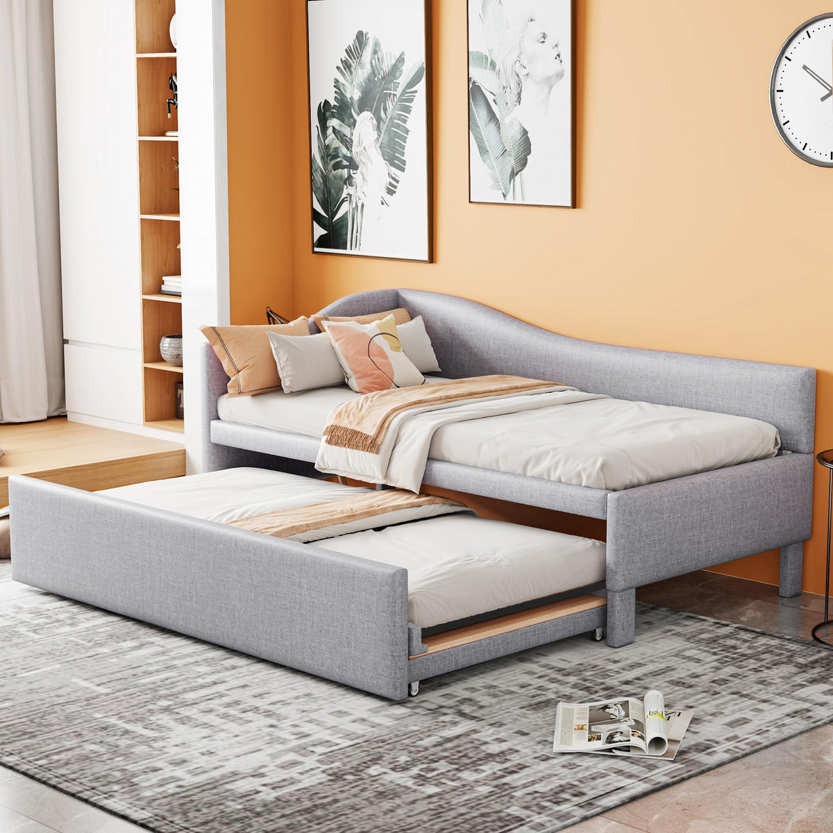 Twin Size Linen Extendable Upholstered Daybed with Pop Up Trundle M6968