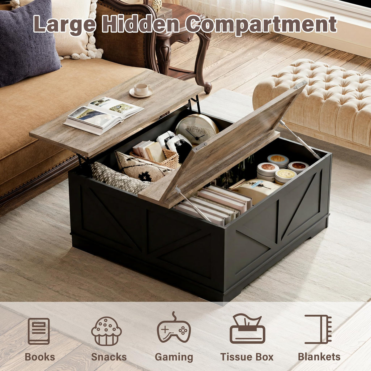 Black Lift Top Wood Coffee Table with Storage L98183