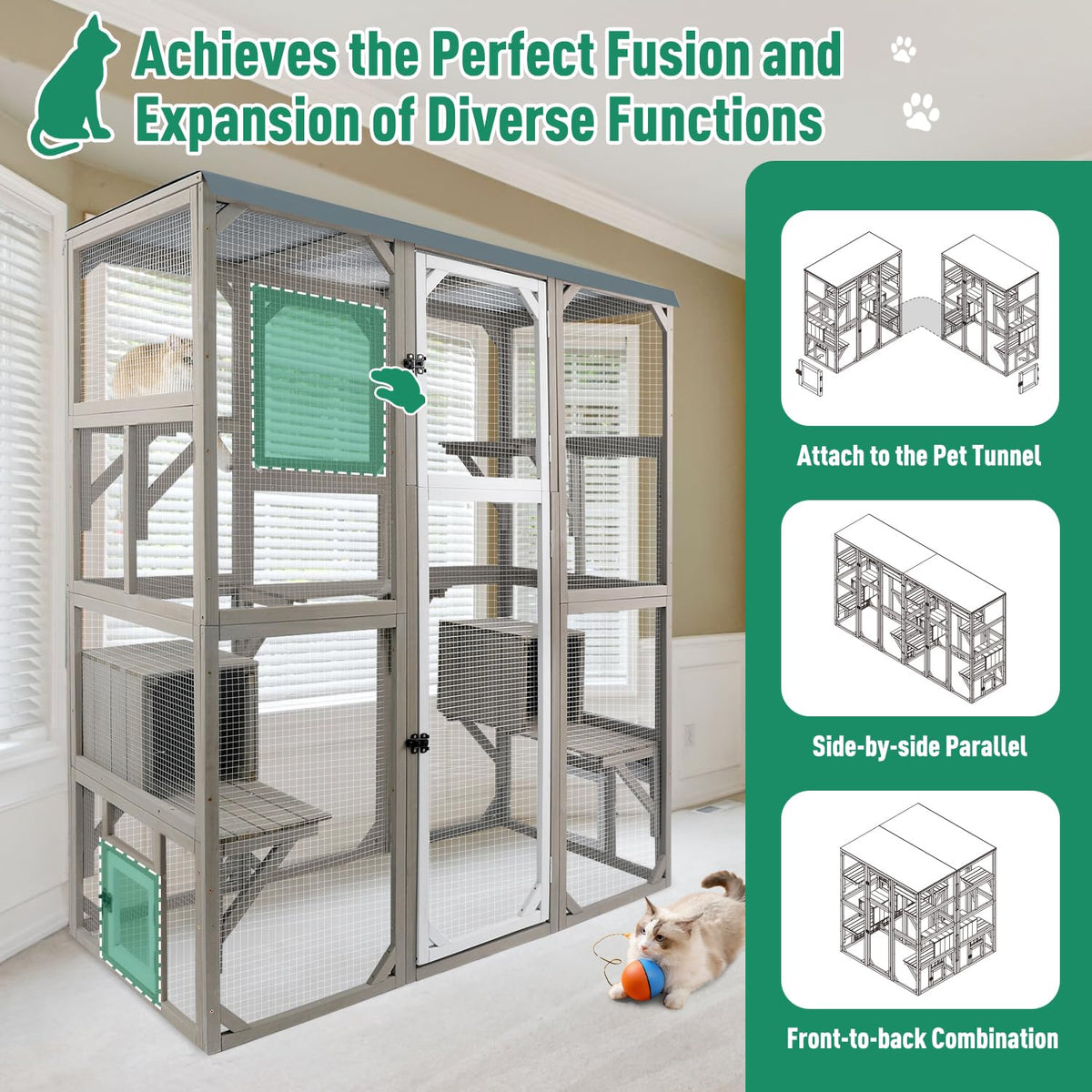 Large Wooden Outdoor Cat Catio Enclosure with 2 Doors, 2 Resting Rooms, 5 Platforms A33223