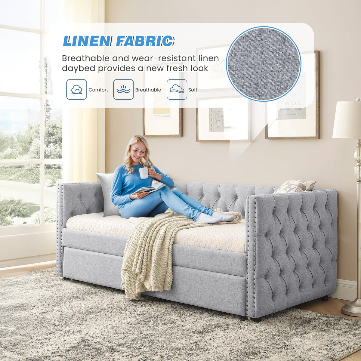 Linen Upholstered Twin Size Daybed with Trundle I321