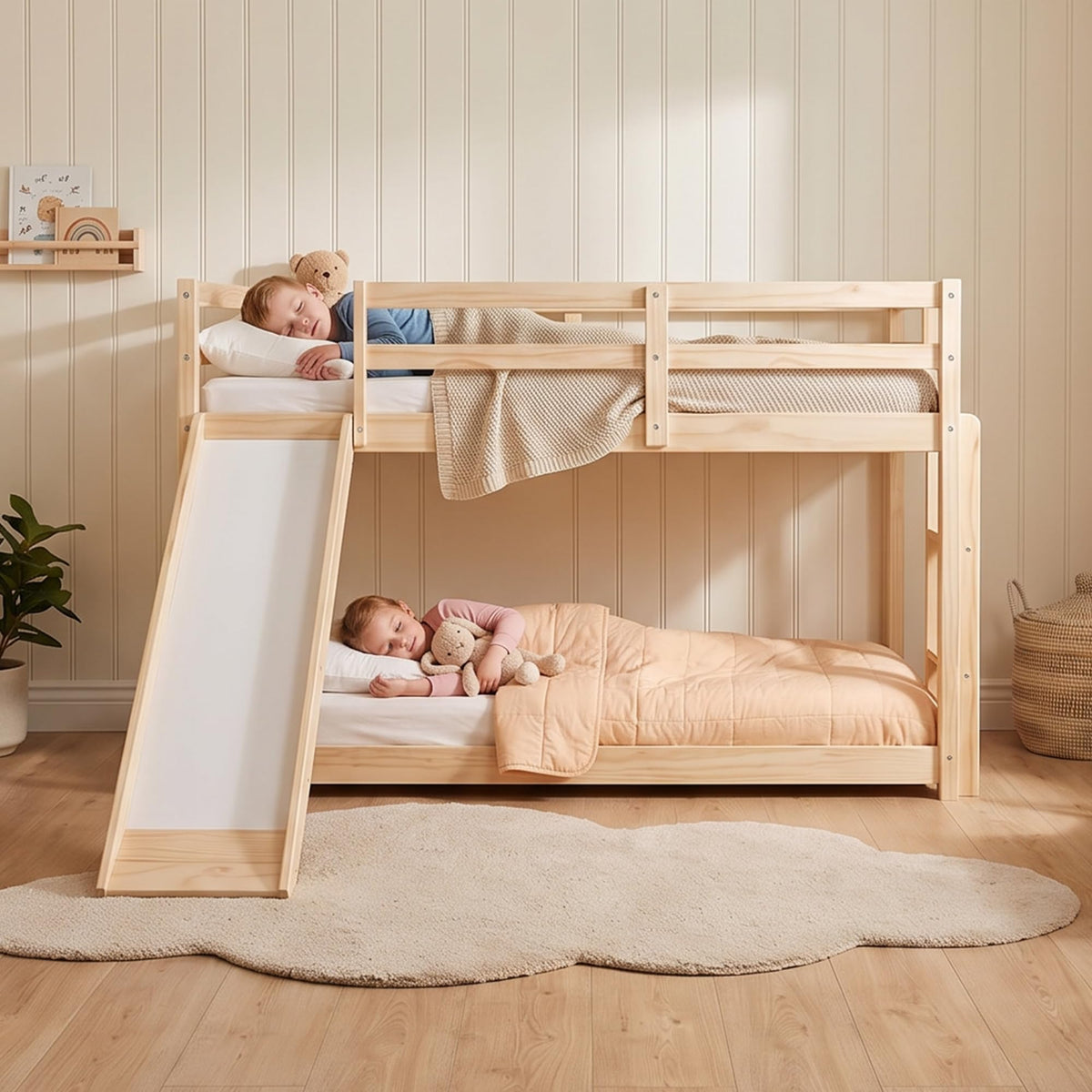 Twin Over Twin Solid Wood Bunk Bed with Slide and Ladder K2250