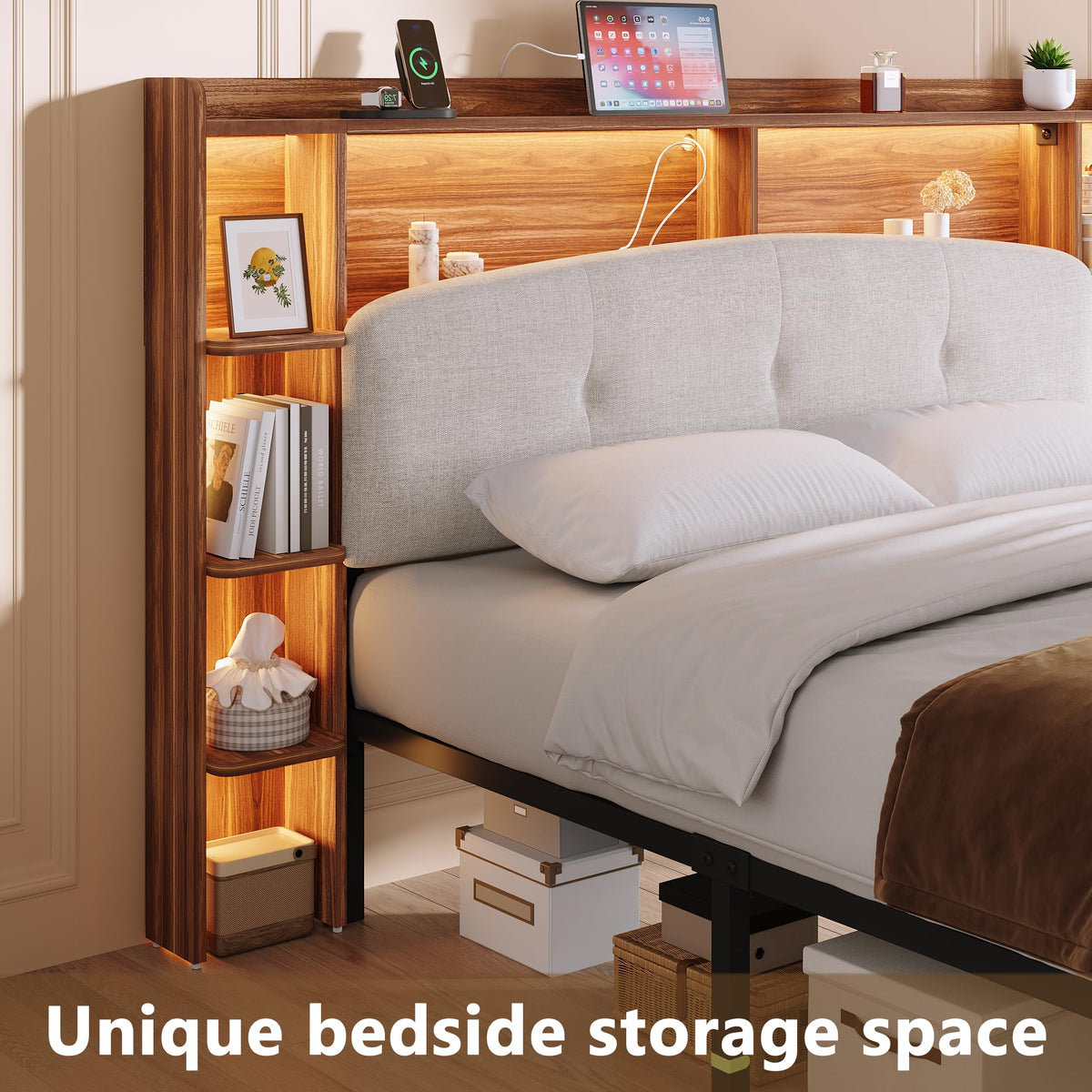 Queen Size Storage Bed Frame with Upholstered Headboard D27768