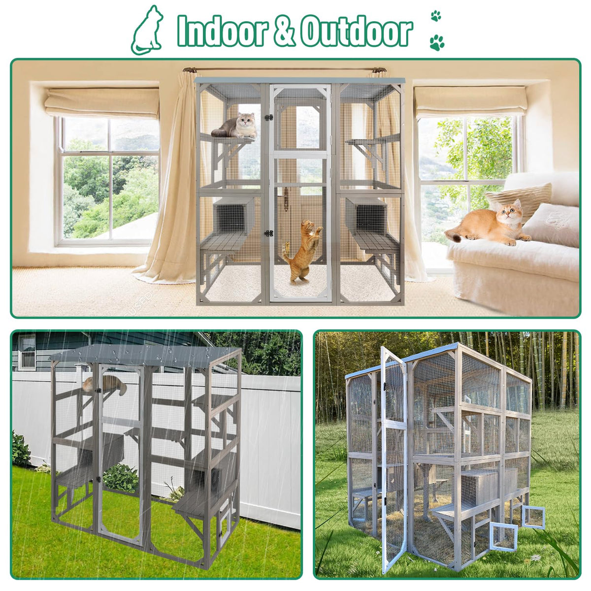 Large Wooden Outdoor Cat Catio Enclosure with 2 Doors, 2 Resting Rooms, 5 Platforms A33223