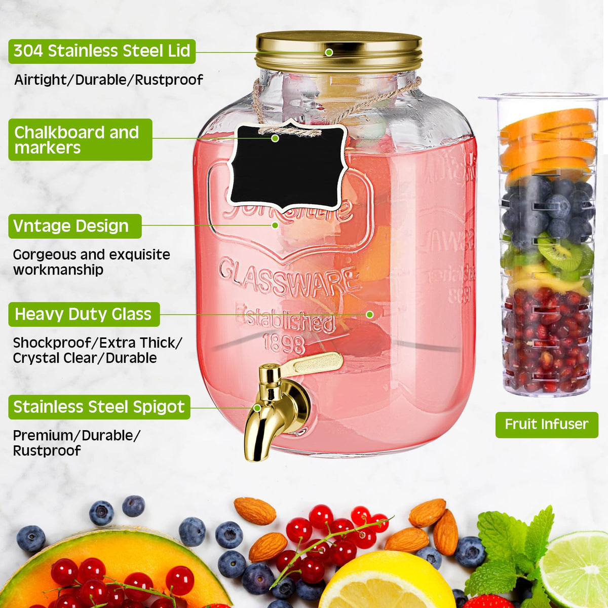 3 Pcs 2.5 Gallon Glass Beverage Dispensers with Stand A938